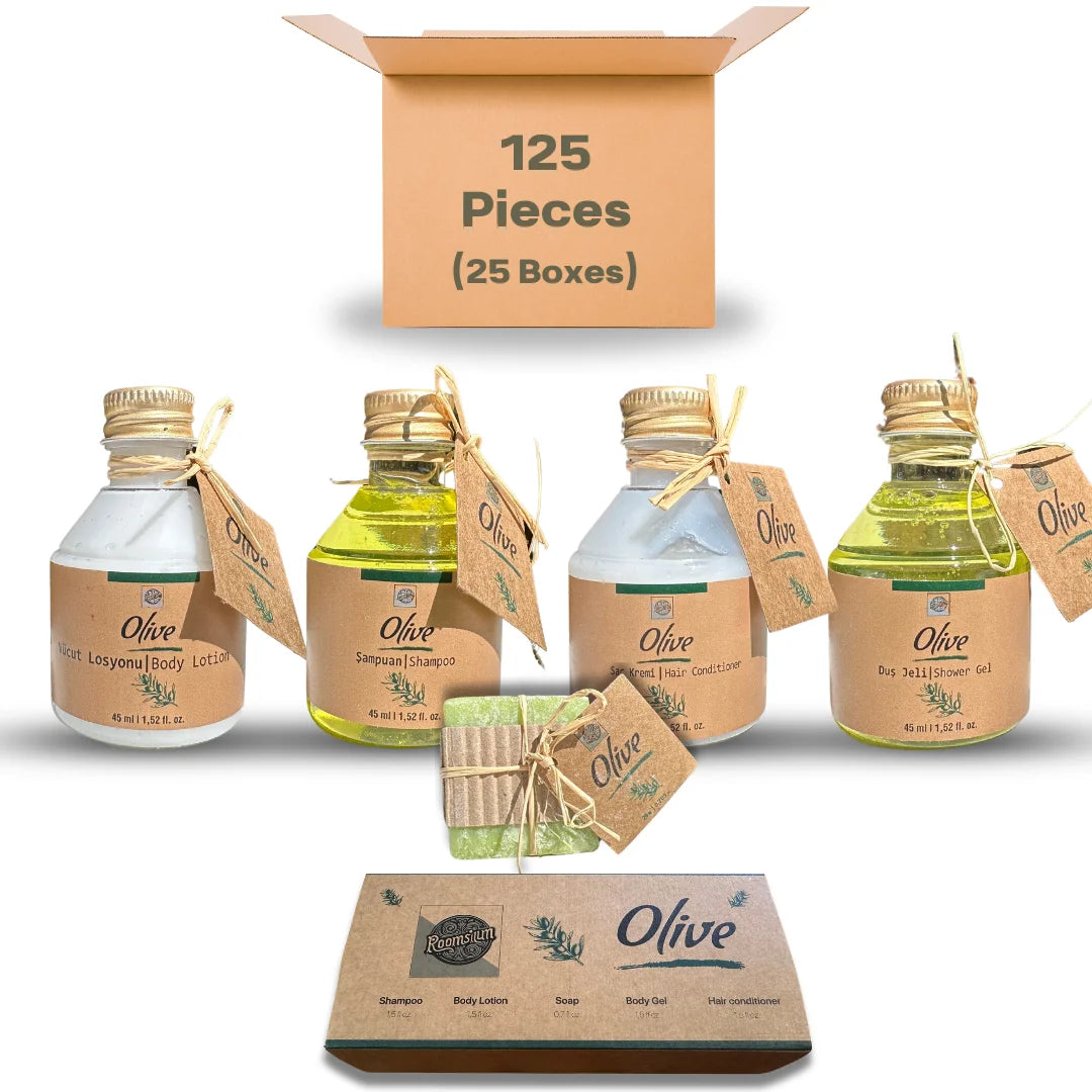 Roomsium Olive 125-Piece Travel Size Toiletries Set Premium Hotel, Vacation Rental Amenities & Gift Set (125 Pieces - 25 Boxes)