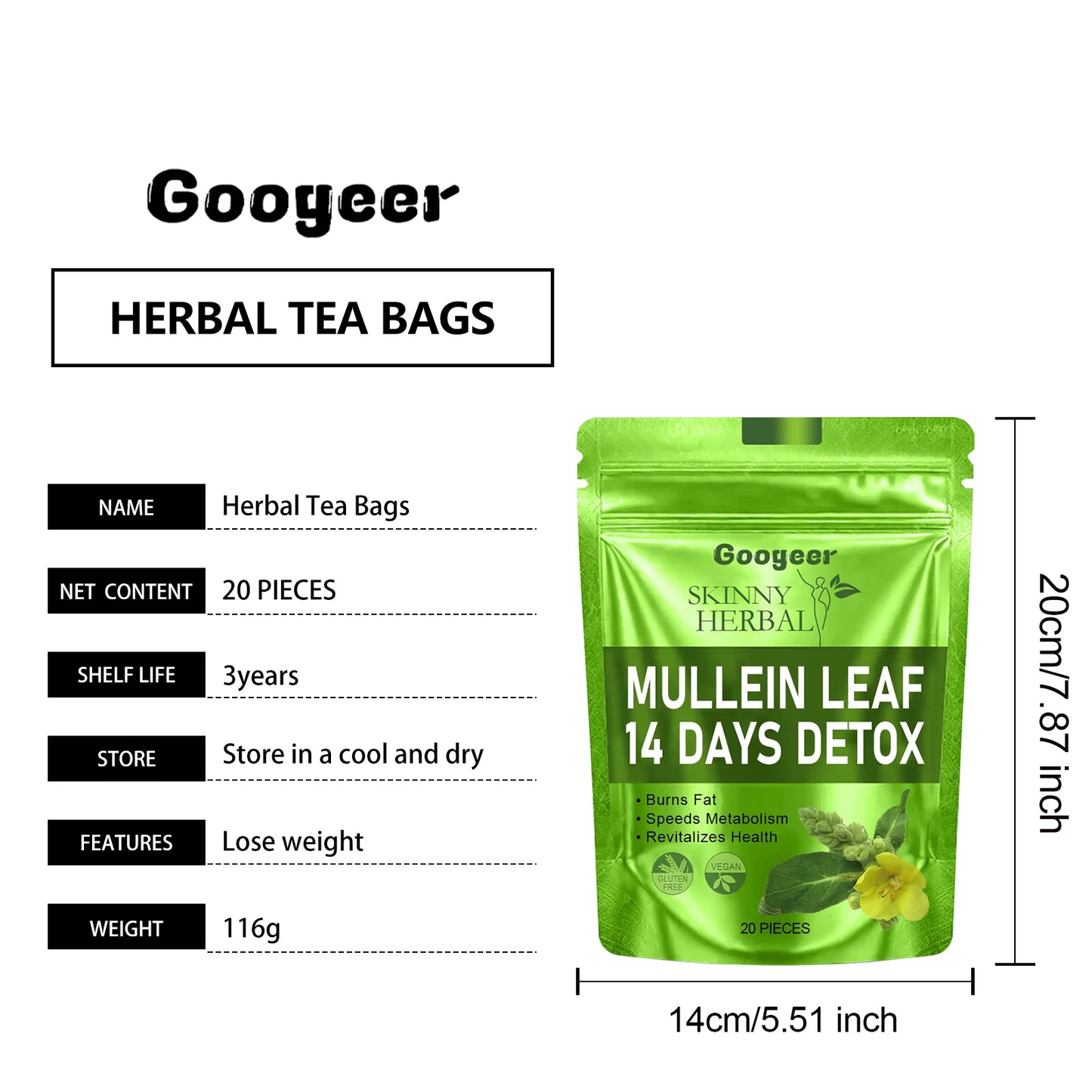 20pcs Googeer Detoxification Body Shaping Firming Tea Detoxification Enhance Immunity Fat Burn Weight Loss Self-Cultivation Tea