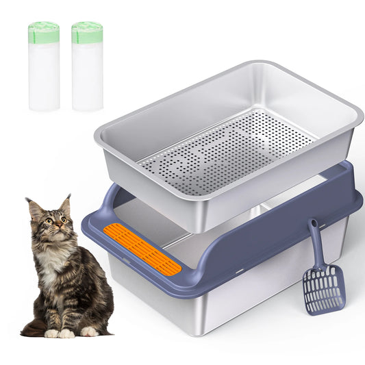 XXL Stainless Steel Cat Litter Box Sifting for Wood Pine Pellets for Big Cats Easy Clean Odor Control