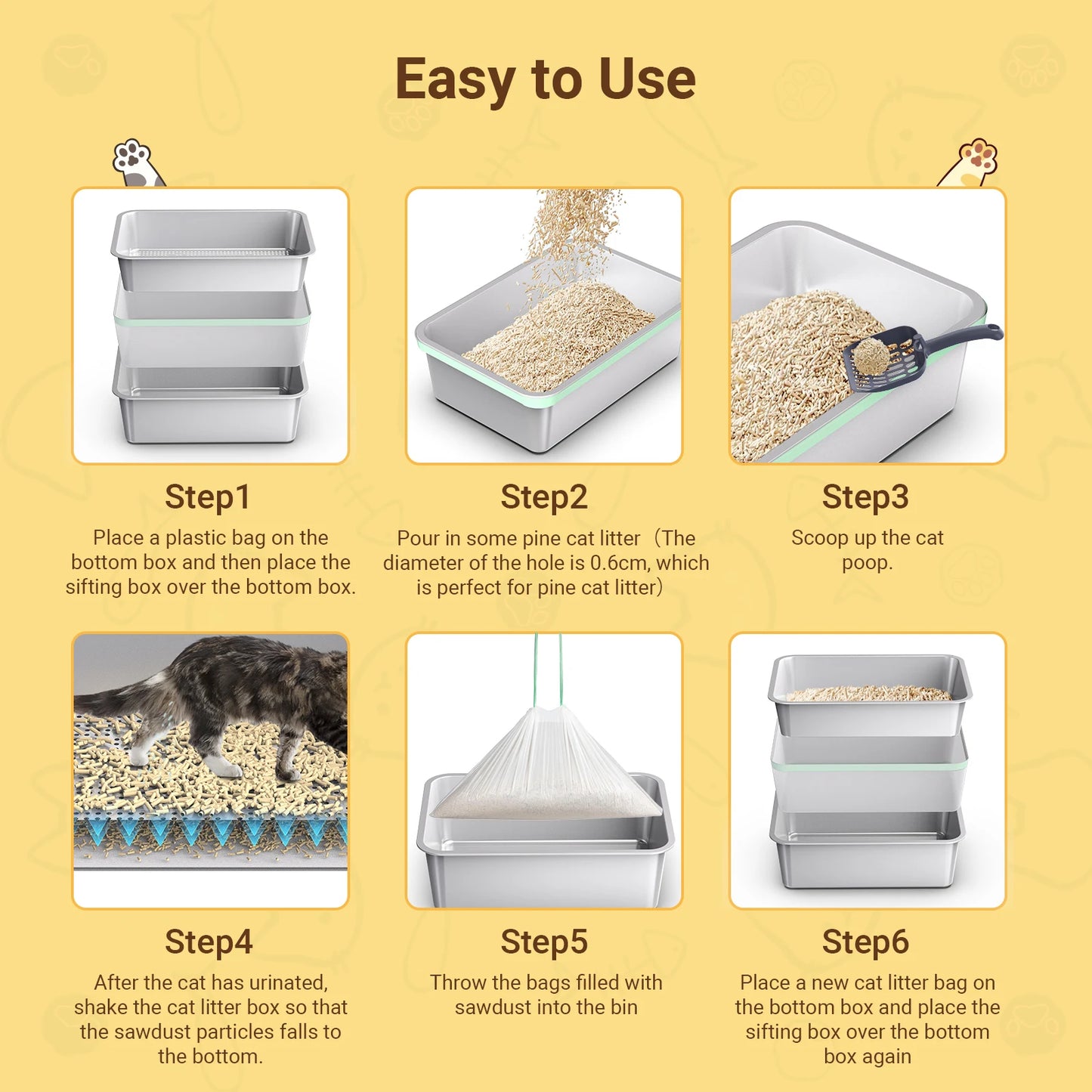 XXL Stainless Steel Cat Litter Box Sifting for Wood Pine Pellets for Big Cats Easy Clean Odor Control