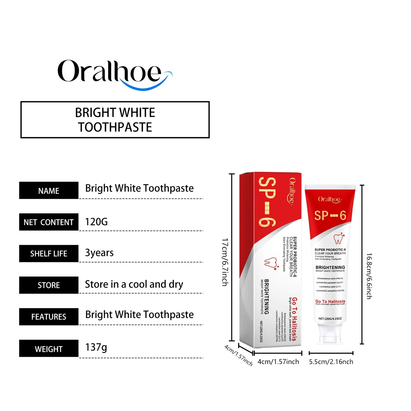 Oralhoe Probiotic Toothpaste 120g Whitening Remove Plaque