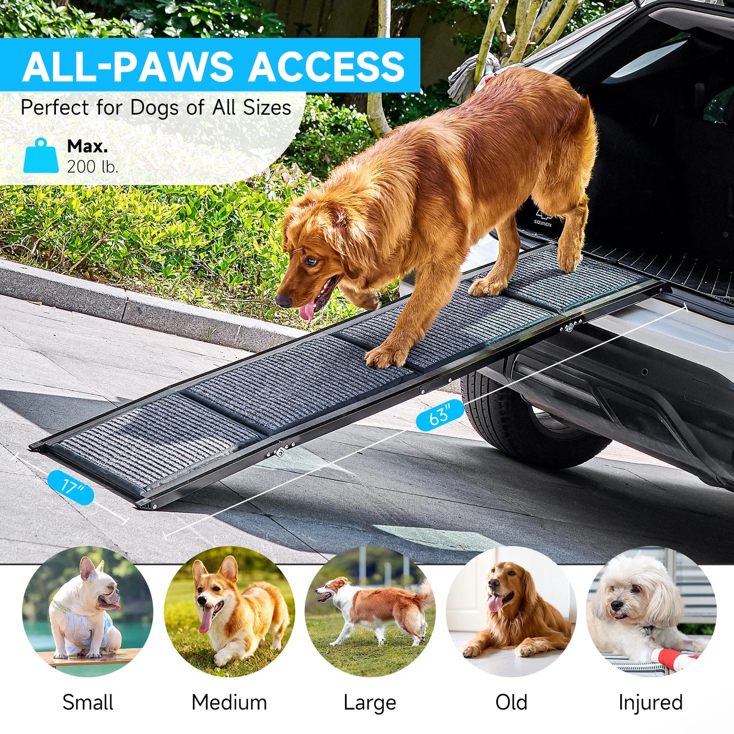 Dog Ramp for Car, 63" Folding Pet Ramp for Large Dogs up to 200 lb, 17" Wide Car Ramp for Dog, Portable Pet Stair Ramp with Nons