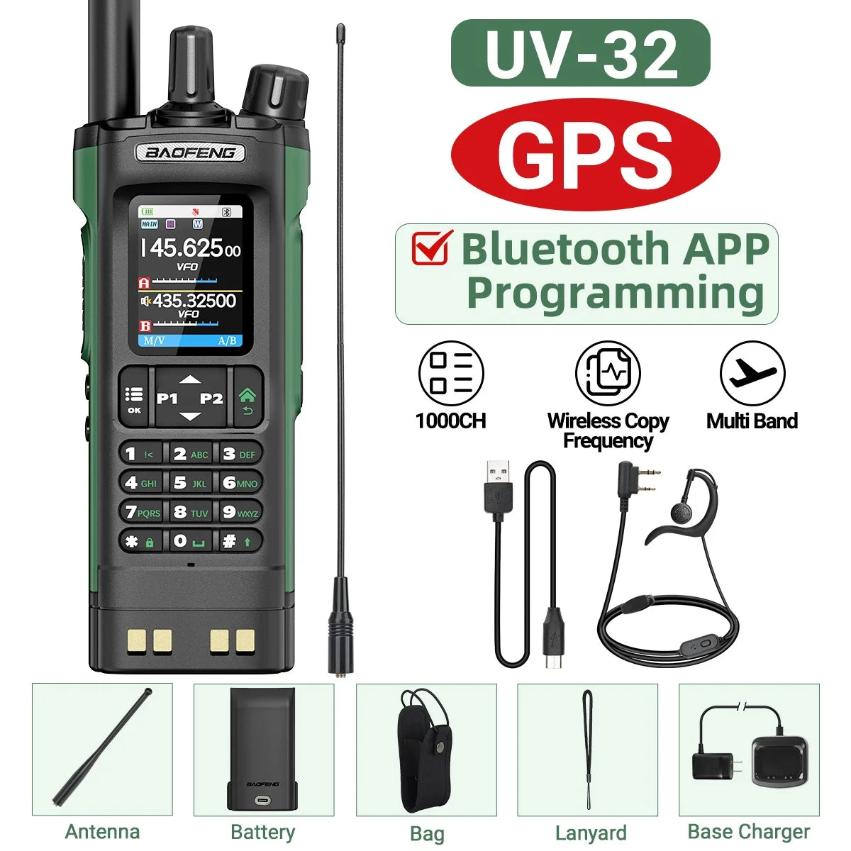 Walkie Talkie Baofeng UV-32 Multi Band 10W GPS Bluetooth Programming Amateur AM Two Way Radio with 2.0" Screen Type-C Ham Radio