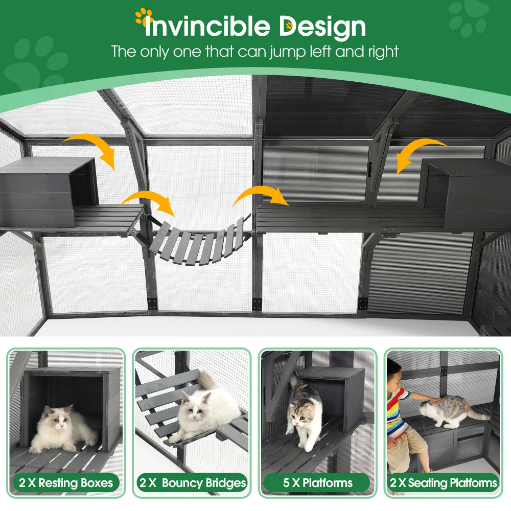 Luxury Outdoor Wooden Cat Catio Enclosure with Walk-In House and Play Features for Multiple Pets