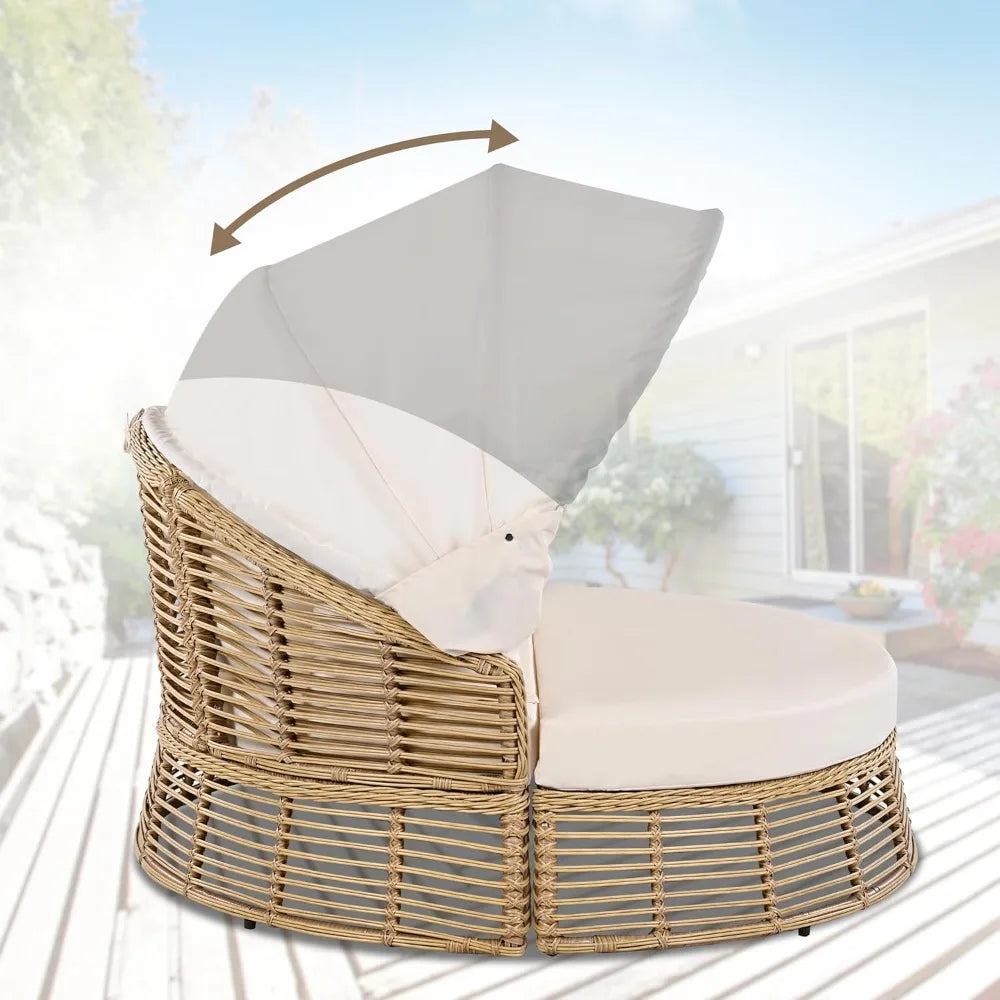 Patio Rattan Round Daybed with Retractable Canopy, Wicker Sofa Sunbed with Removable Cushions,for Outdoor Backyard Porch Lawn Ga