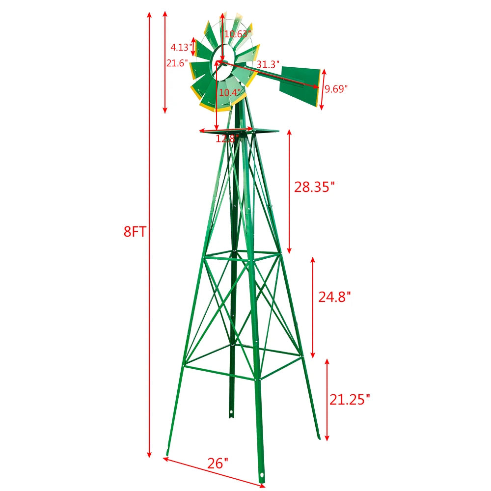 8FT Weather Resistant Garden Windmill Green For Yard Decor