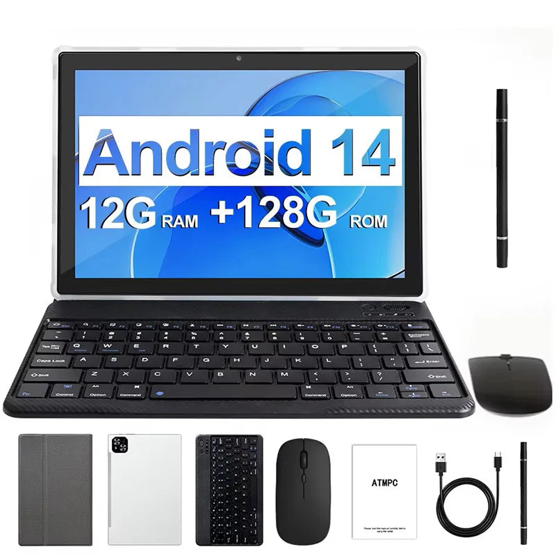 ATMPC 10.1 Inch Android 14, 12GB RAM, 128GB ROM, Octa-Core, BT 5.4, WIFI 6, With Keyboard, Mouse, Case, Stylus 2 In 1 Tablet PC