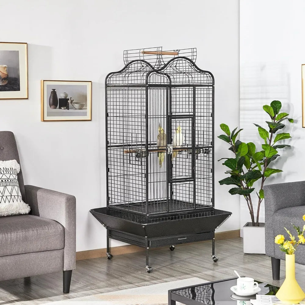 63'' Bird Cage with Stand Wrought Iron Rolling Open Play Top Large Bird Cage for Mini Macaw African Grey Amazon Parrot