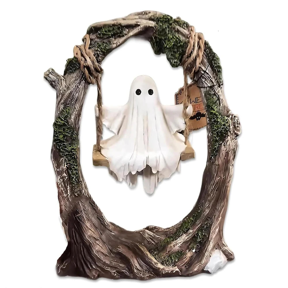 Ghost On Tree Swing Resin Statue Cute Spooky Ornament For Indoor Outdoor Porch Multi Purpose Decoration
