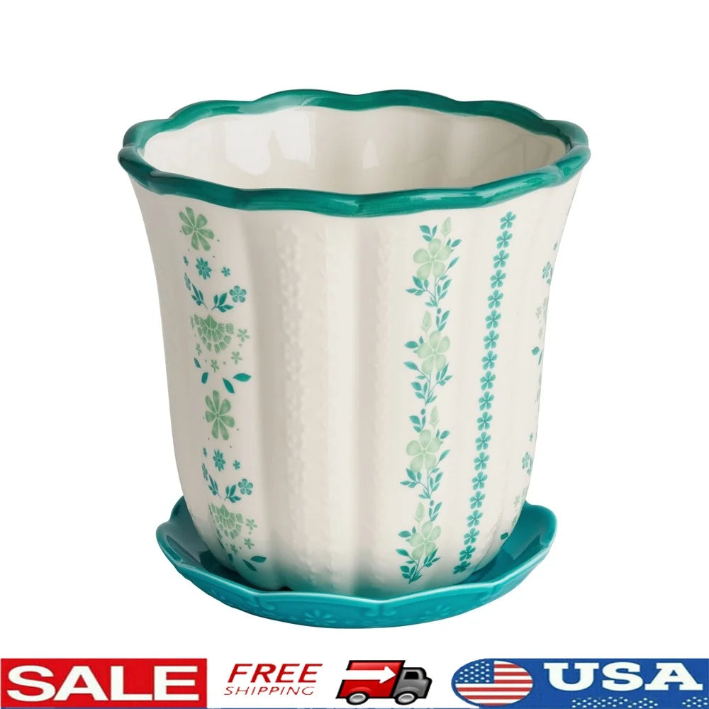 8 Inch Flower Patterned Scallop Planter Ceramic Pot Indoor Outdoor Plants Home Décor Gardening Succulent Holder