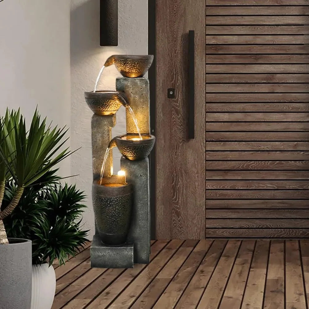 Outdoor Garden Water Fountain-Indoor Polyresin Waterfall Floor-Standing Fountains with LED Lights for Garden, Outdoor Fountain