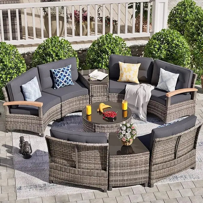 9 Piece Outdoor Patio Set Half Moon Rattan Sofa Conversation