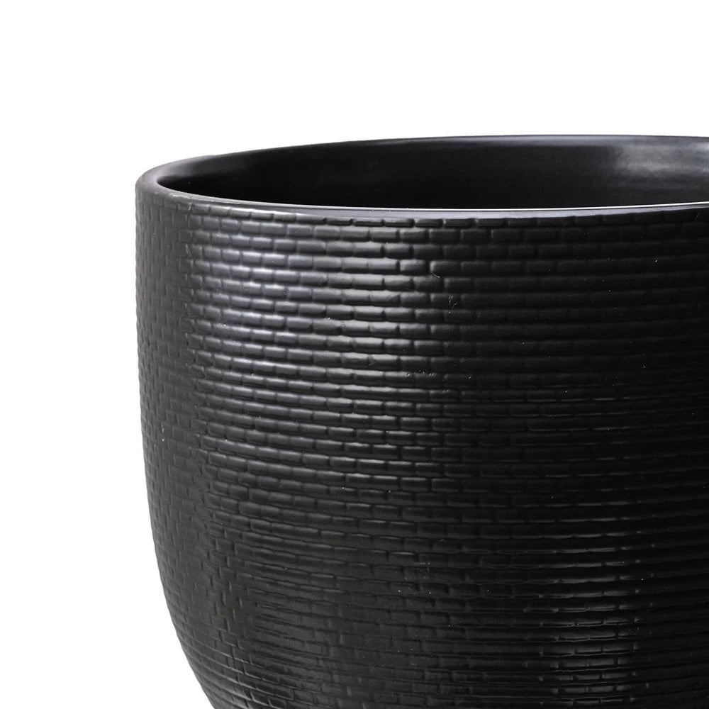 10 Inch Black Ceramic Planter With Wood Base Drainage
