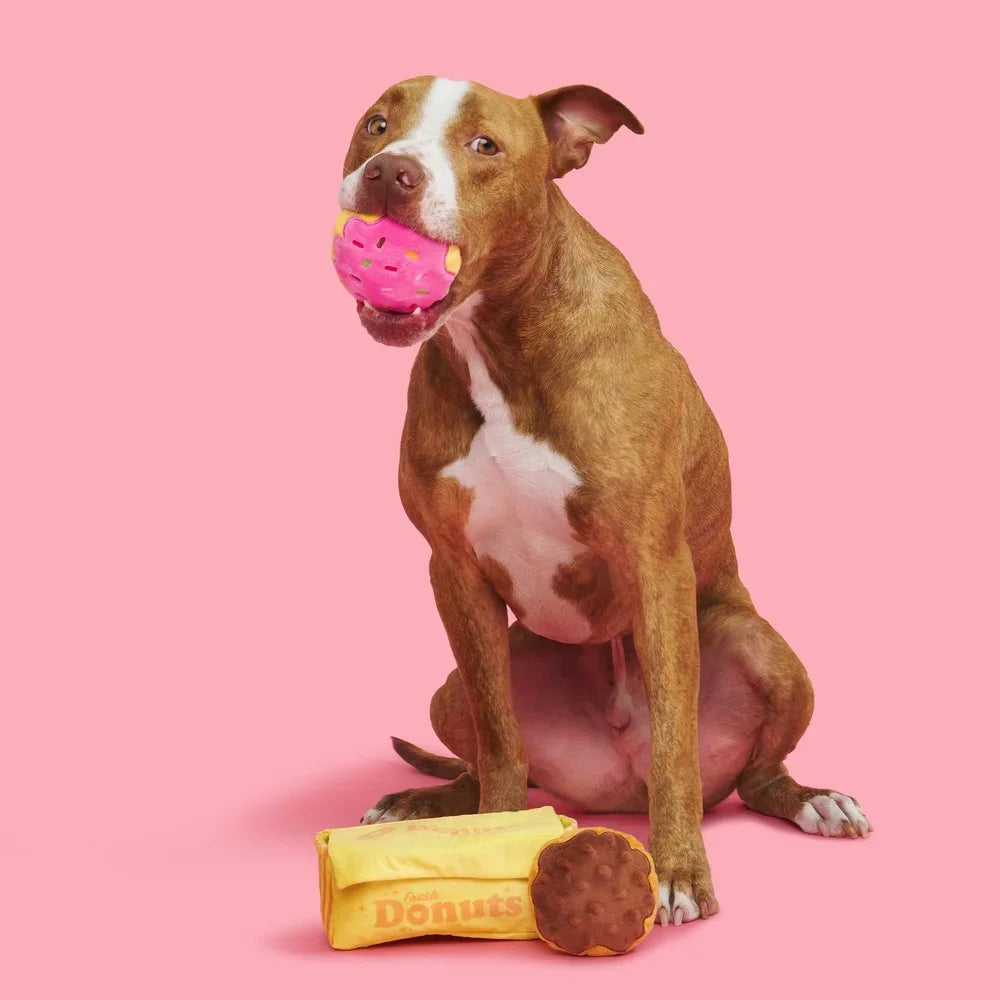 Interactive Plush Dog Toy Donut Crinkle Treat Dispenser Squeaky Fun Dogs Multiple Pets Playtime