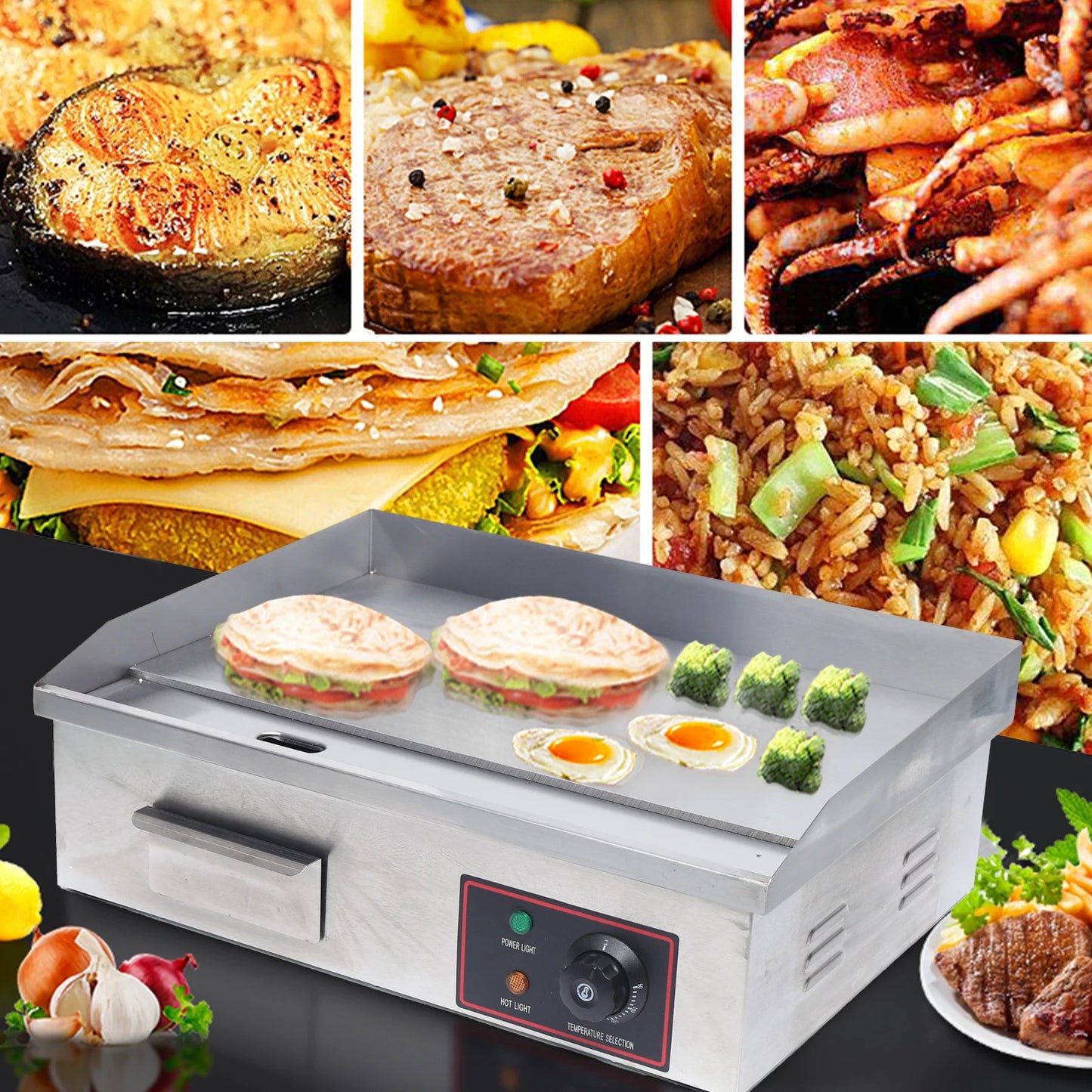Flat Top Grill 22 Inch Commercial Electric Countertop Griddle Nonstick Restaurant Teppanyaki Cooking Stove for Outdoor Home Barbecue