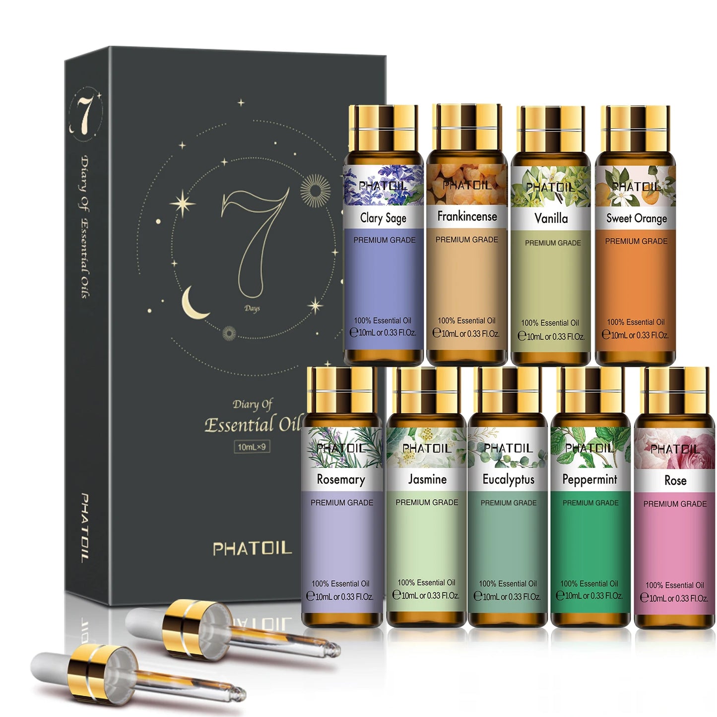 Phatoil 9pcs Gift Set 10ml Pure Natural Essential Oils Kit Vanilla Sandalwood Neroli Helichrysum Lemon Eucalyptus Spearmint