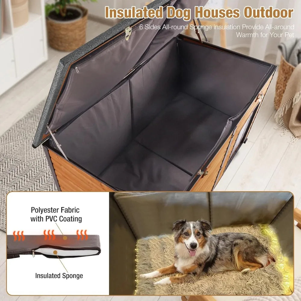Extra Large Insulated Outdoor Dog Kennel 59 Inch With Movable Insulation Liner Weatherproof All Around Iron Anti Bite