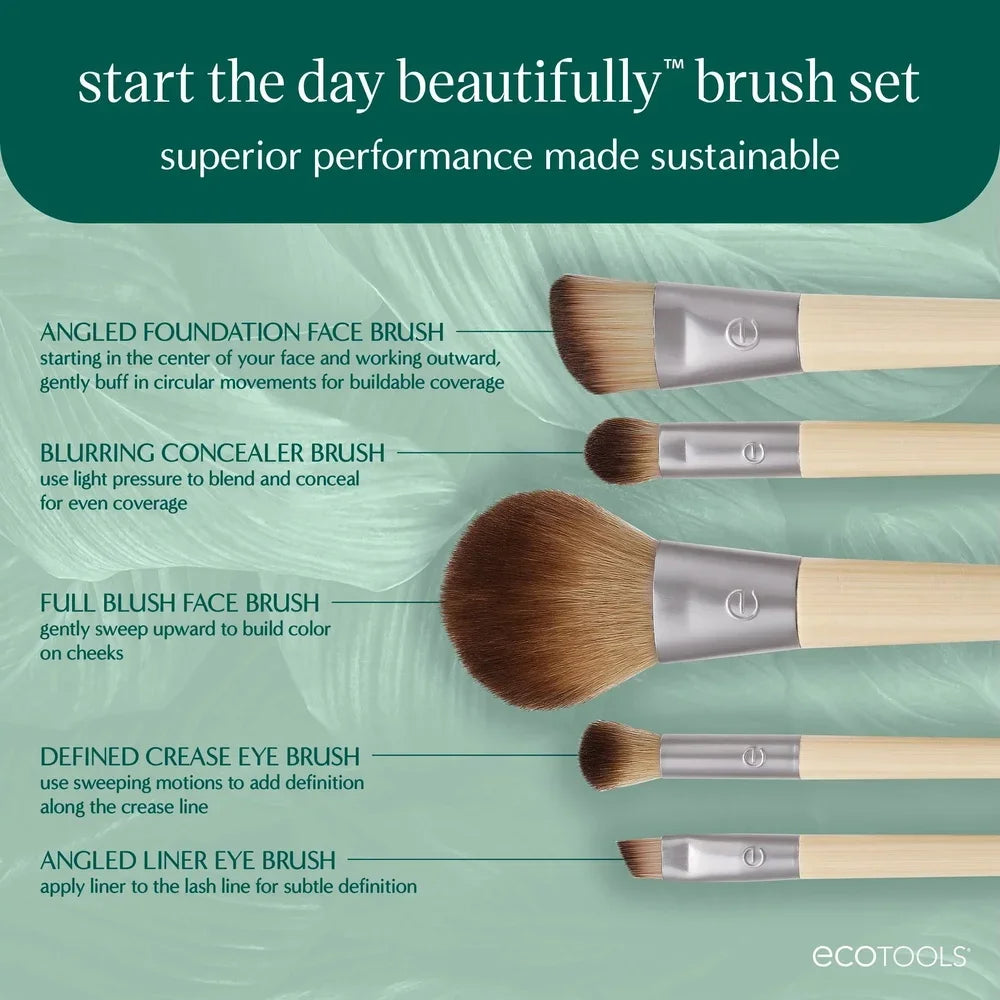 6 Piece Eco-Friendly Makeup Brush Set with Storage Tray Blush Angled Foundation Concealer Eyeshadow Liner Brushes Daily Beauty