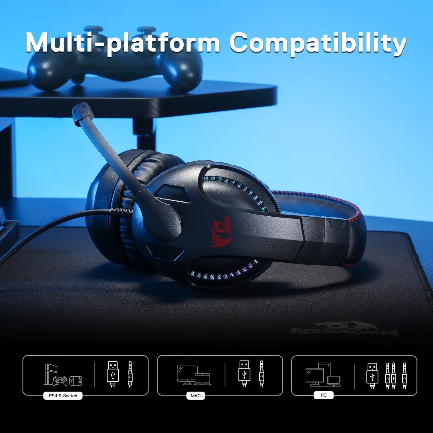 Redragon H211 Cronus White Wired Gaming Headset, Stereo Surround Sound, Noise-Canceling Microphone, Dynamic RGB Backlight,