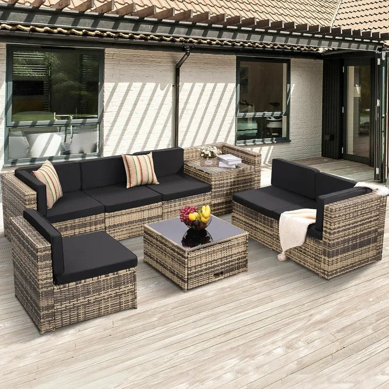 8 Piece Outdoor Wicker Patio Sectional Set With Glass Table