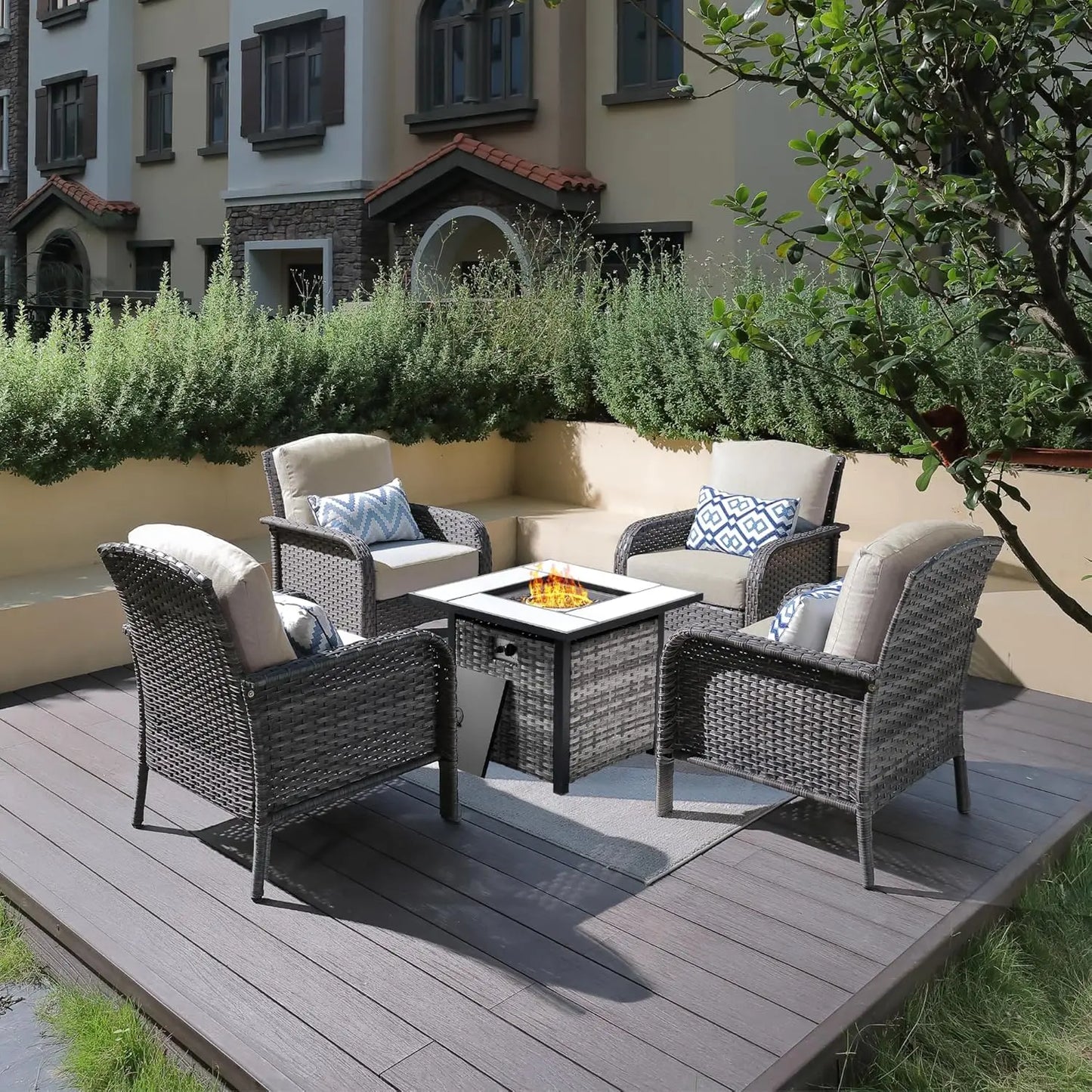 4 Patio Set With 30 Inch Fire Pit Table And Wicker Chairs