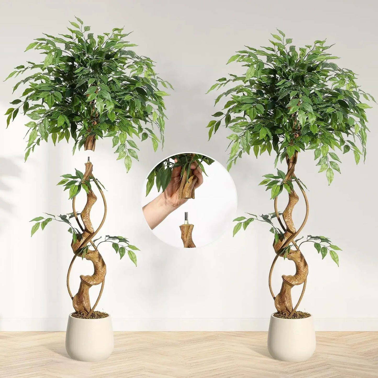Ficus Artificial Tree with Curved Trunk Plant Fake Silk Trees with White Pot Ficus Tree for Home Decor, Artificial Plants Indoor