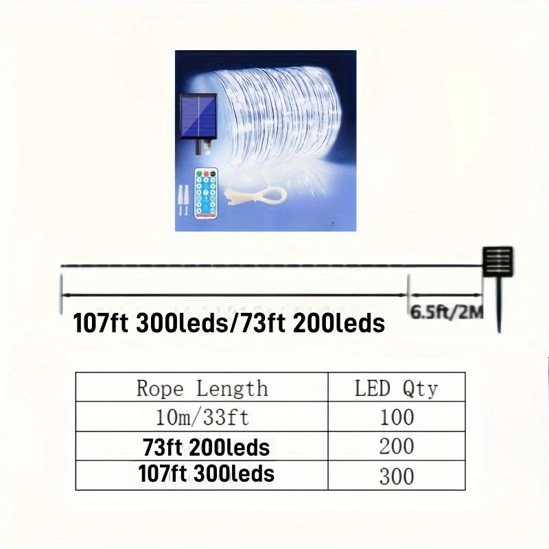 107ft300LED Solar Rope Lights Waterproof IP65 Outdoor String Lights with 8 Modes for Garden Christmas