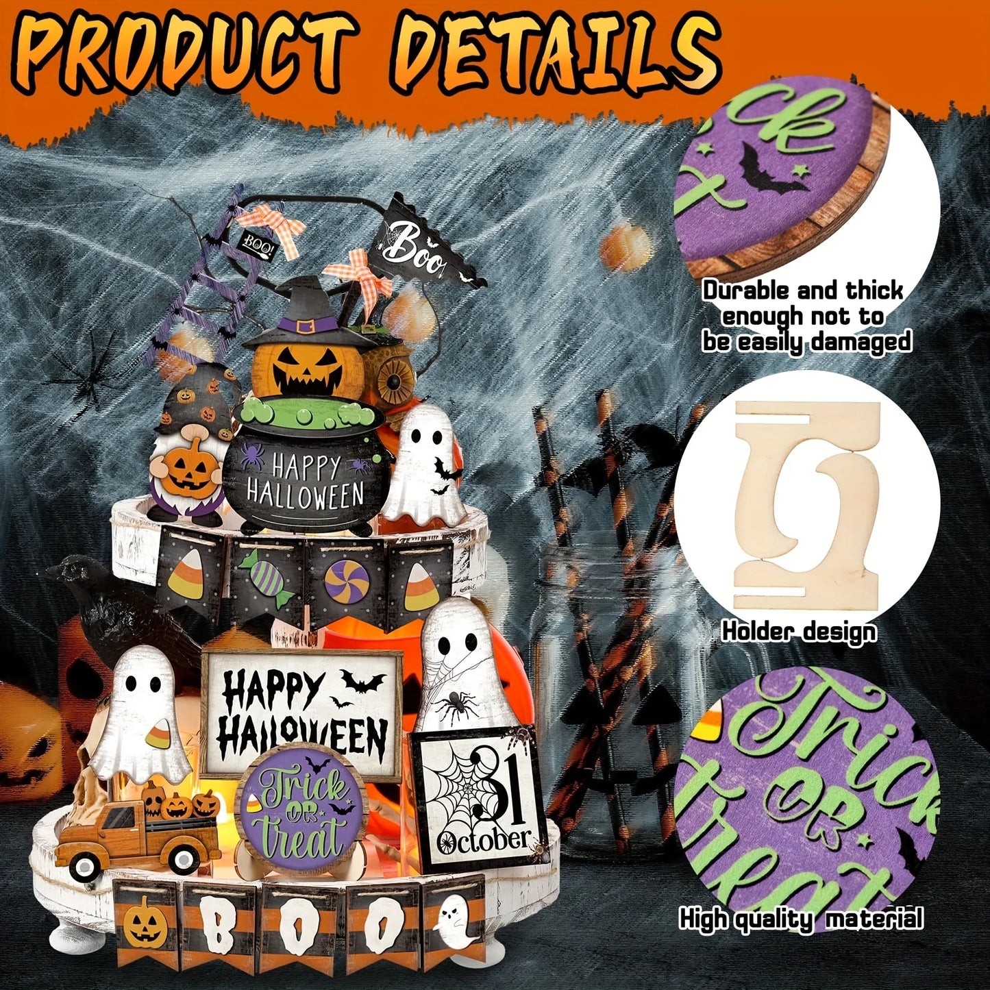21 Piece Halloween Tiered Tray Decor Set Rustic Wood Signs