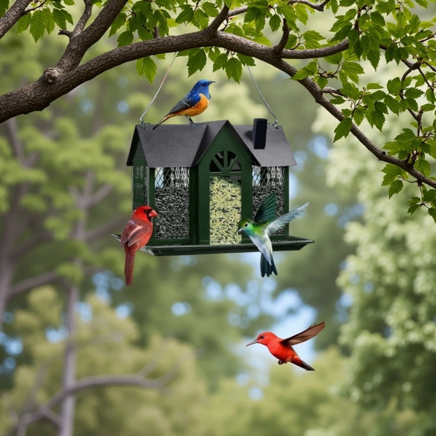 1 Outdoor Hanging Wild Bird Feeder, Large Capacity, Large Birdhouse with Metal Mesh Cover and Seed Tray, Suitable for Titles, Red Birds, Titles, Hummingbirds, Squirrel Protection and Weather-Resistant Metal Outdoor Garden Cou