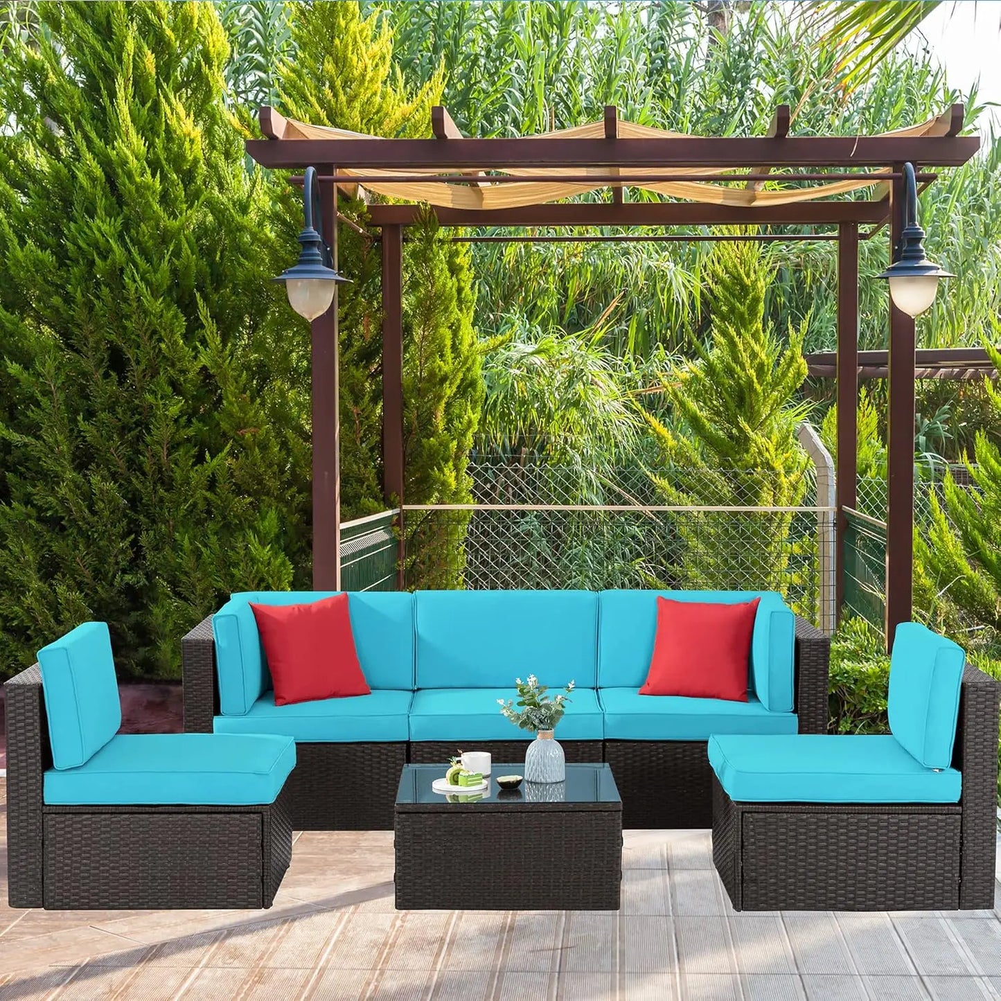 Six Piece Patio Garden Set With PE Rattan Glass Table