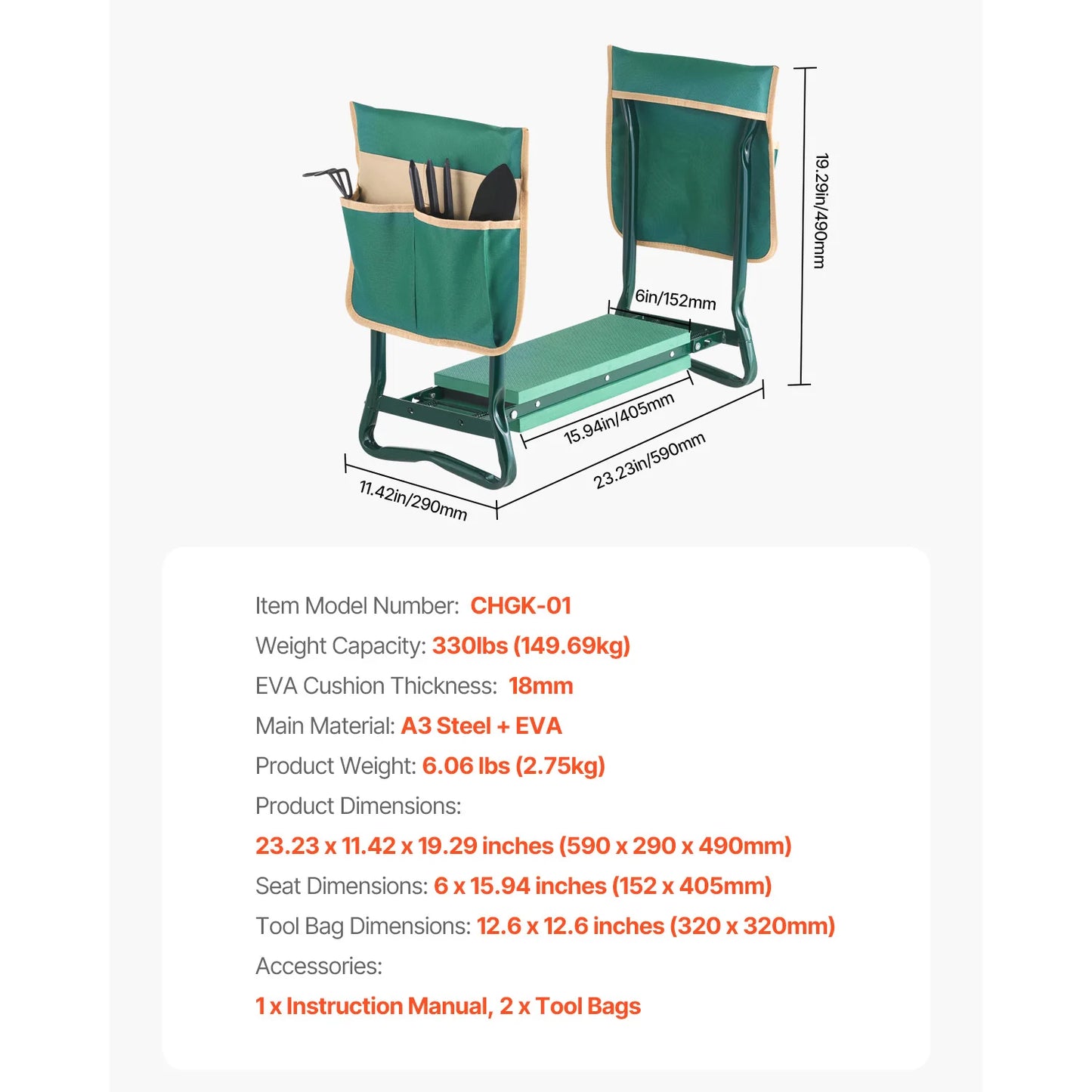 SucceBuy Garden Kneeler Seat 6 Inch Wide With 2 Tool Bags