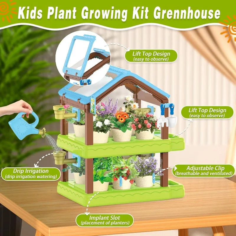 Kids Gardening Kit Greenhouse Growing Terrarium Kit, Kids Plant Growing kit, Kids Gardening Set with Garden Tools, Wateri
