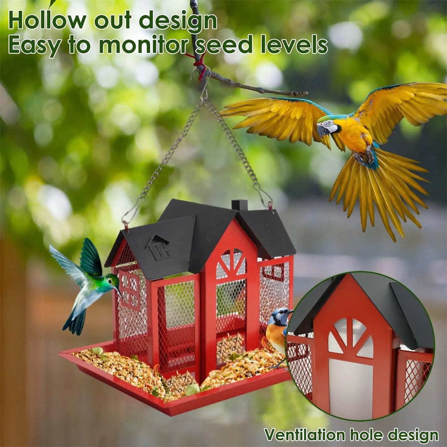 1 Outdoor Hanging Wild Bird Feeder, Large Capacity, Large Birdhouse with Metal Mesh Cover and Seed Tray, Suitable for Titles, Red Birds, Titles, Hummingbirds, Squirrel Protection and Weather-Resistant Metal Outdoor Garden Cou
