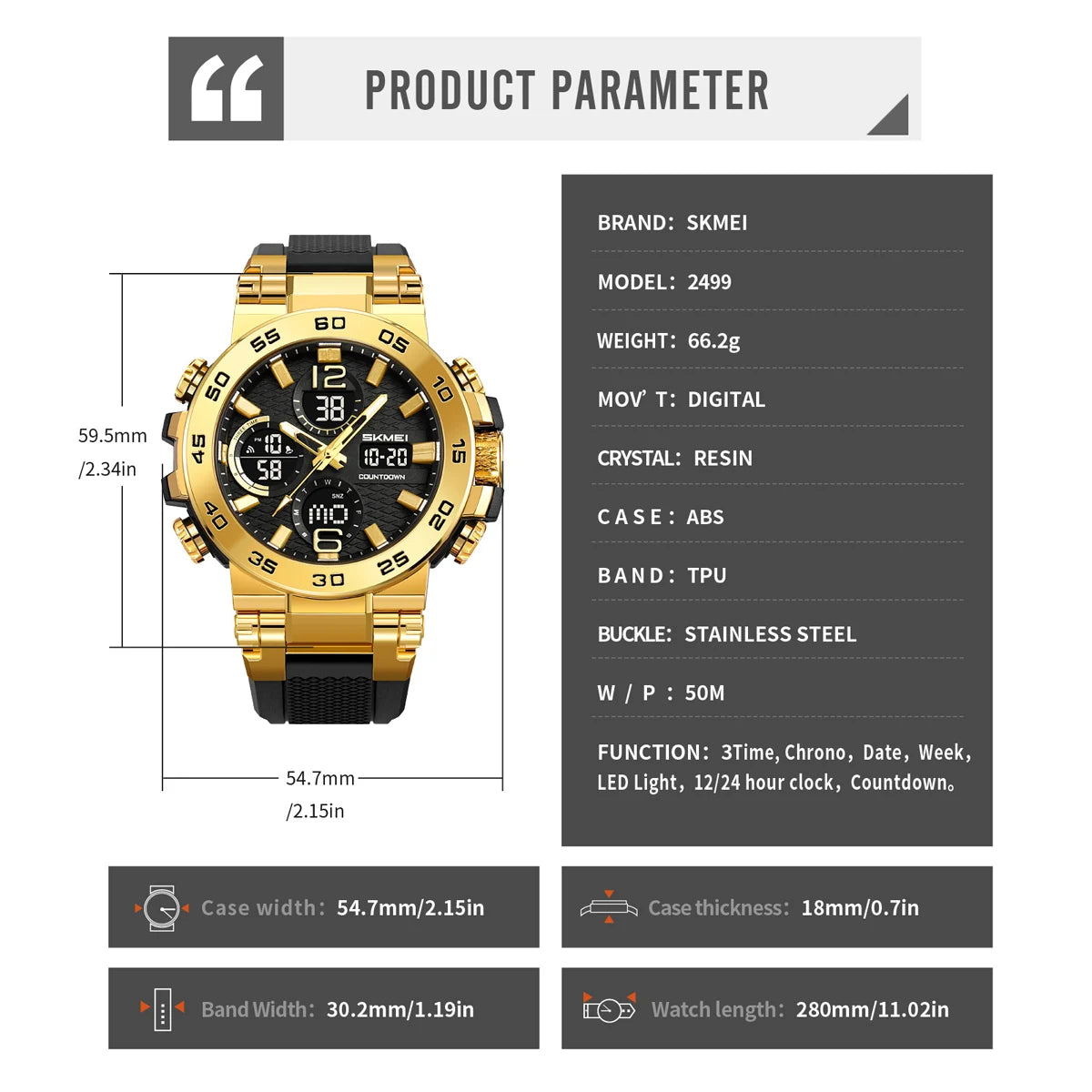 Skmei Waterproof Alarm Clock Wristwatch Dual Display For Men