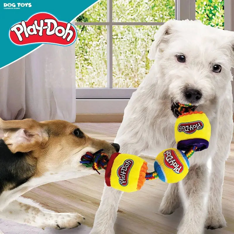 Play-Doh Dog Toy Squeak Crinkle Cans Tug Metallic Lids Tennis Ball Long Rope Plush Tug-of-War Fun Pet Toy Playtime