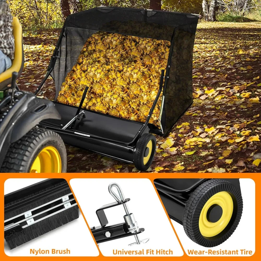 Tow Behind Lawn Sweeper 44 Inch, Large Capacity Heavy Duty Leaf & Grass Collector with Adjustable Sweeping Height, Dumping Rope