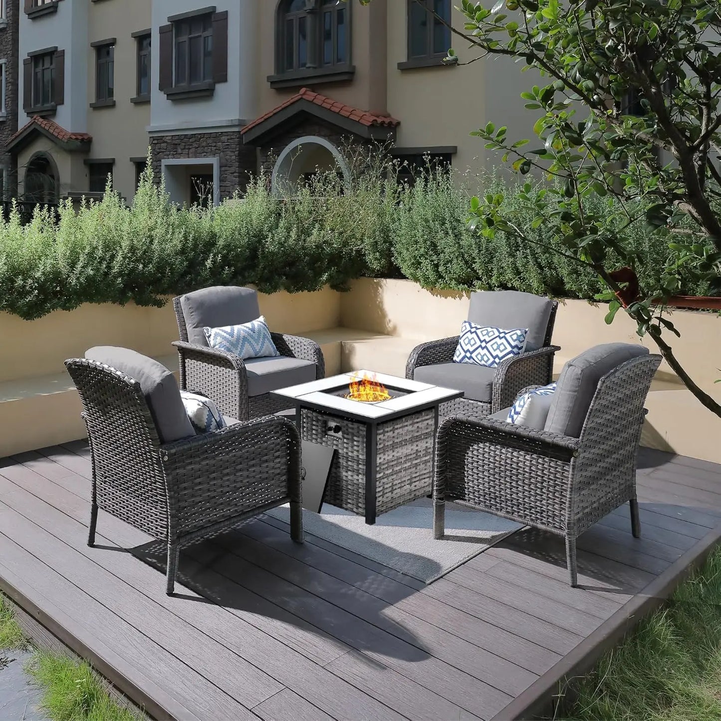 4 Patio Set With 30 Inch Fire Pit Table And Wicker Chairs