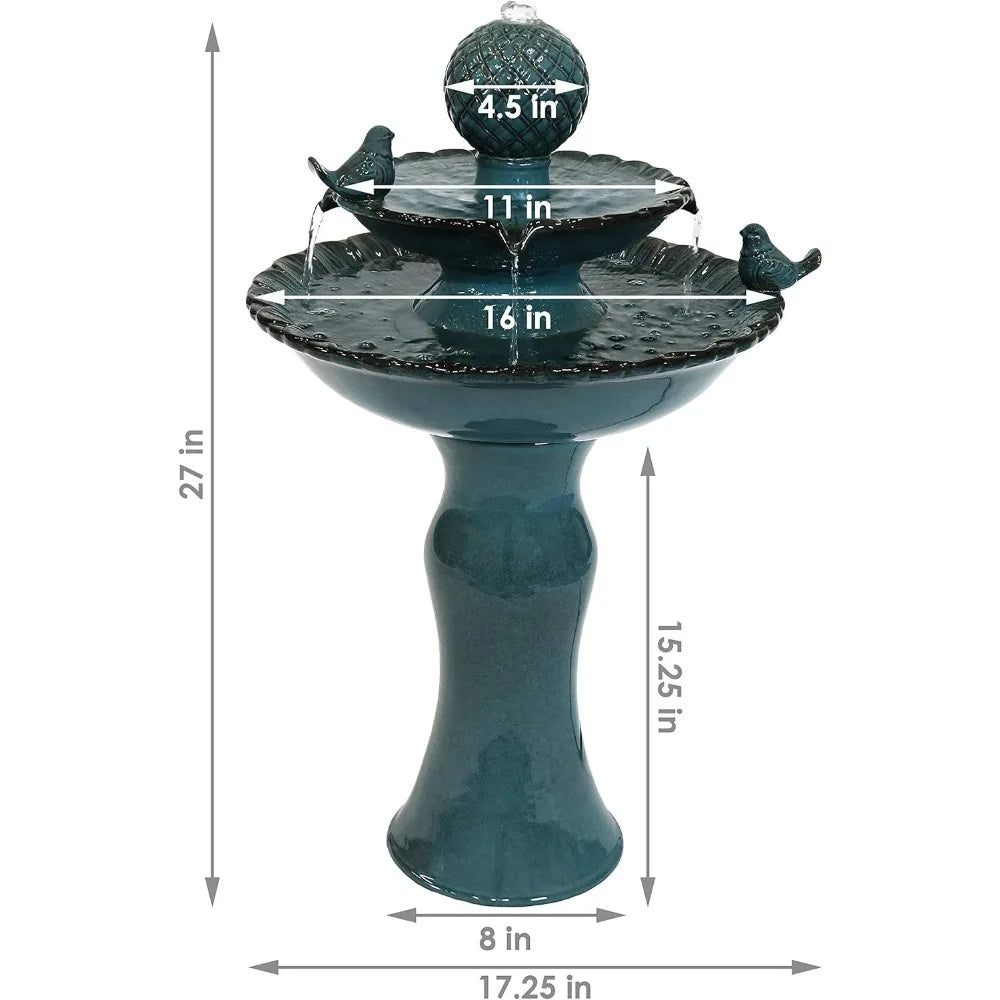 Two Level Ceramic Outdoor Water Fountain Blue Garden Decor