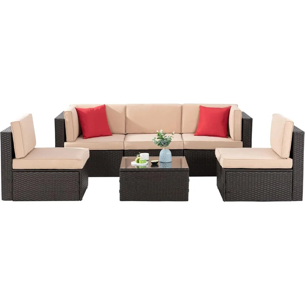 Six Piece Patio Garden Set With PE Rattan Glass Table