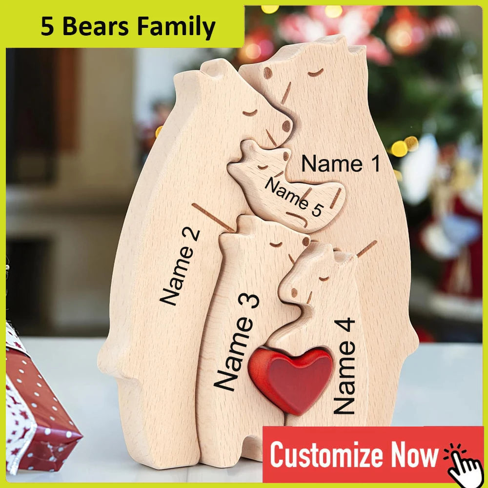 Personalized Custom Bear Family Wooden Puzzle DIY Free Engraving Name Sculpture Home Desk Decor Figurines Christmas Birthday Gift
