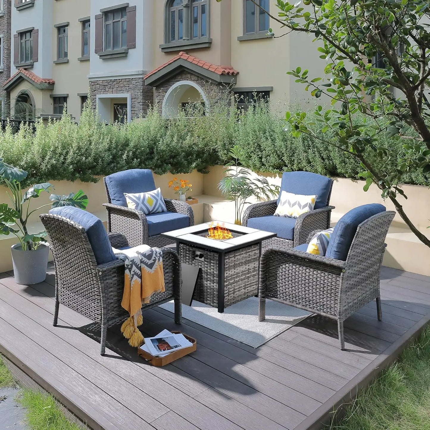 4 Patio Set With 30 Inch Fire Pit Table And Wicker Chairs