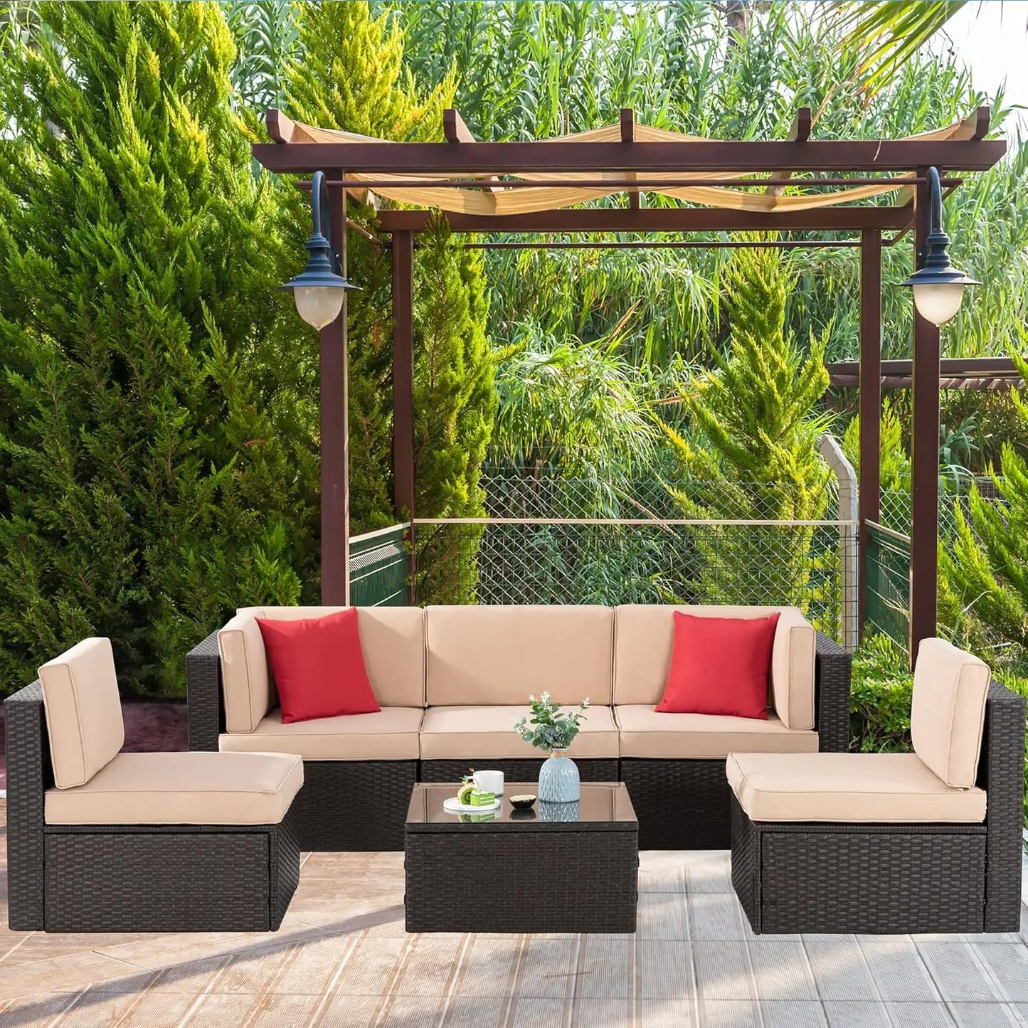 Six Piece Patio Garden Set With PE Rattan Glass Table