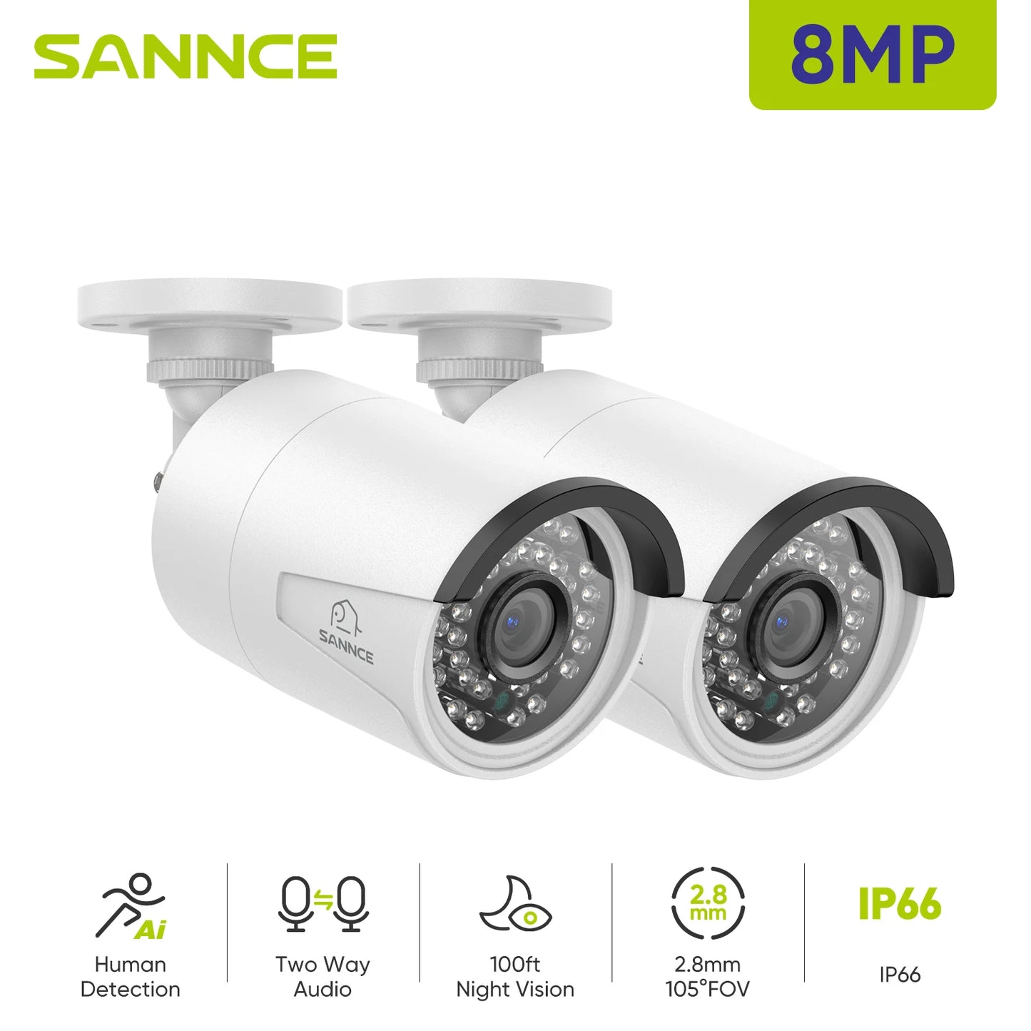 SANNCE 2PCS Ultra HD 5MP POE Camera Outdoor Indoor Weatherproof Security Network Bullet EXIR Night Vision Email Alert Camera Kit