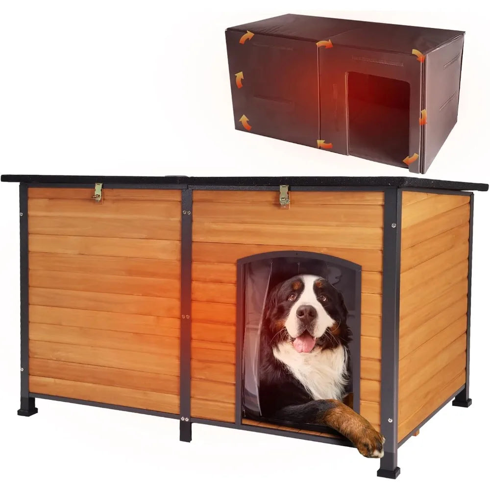Extra Large Insulated Outdoor Dog Kennel 59 Inch With Movable Insulation Liner Weatherproof All Around Iron Anti Bite