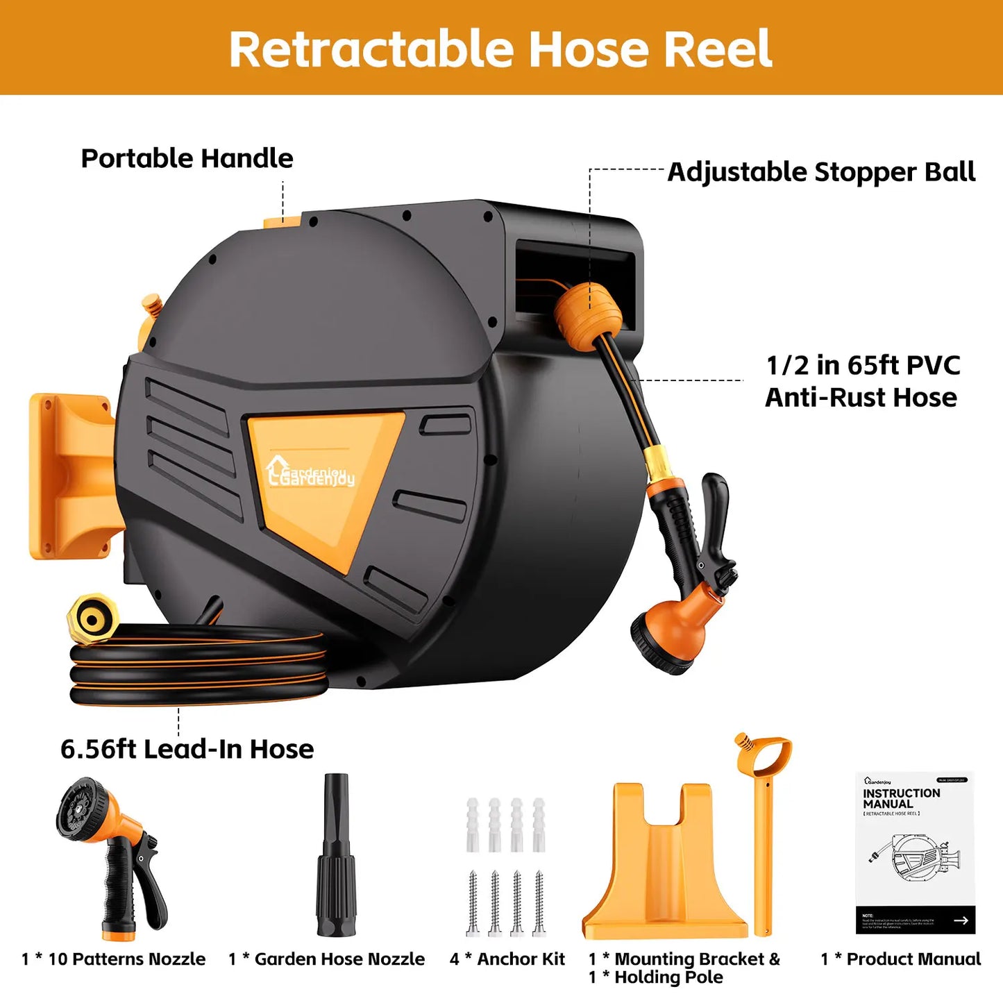 GardenJoy Retractable Garden Hose Reel-1/2in-65ft Hose Reel Wall Mounted Hose Locking Mechanism Roll-up Automatic