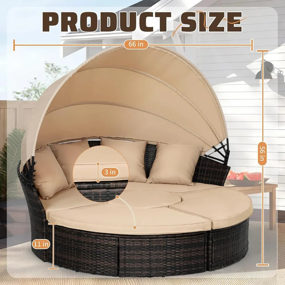 Garden Sofa Bed W/Washable Cushions, Sofa Bed Round Daybed W/Clamshell Sectional Seating Wicker Furniture & Retractable Canopy
