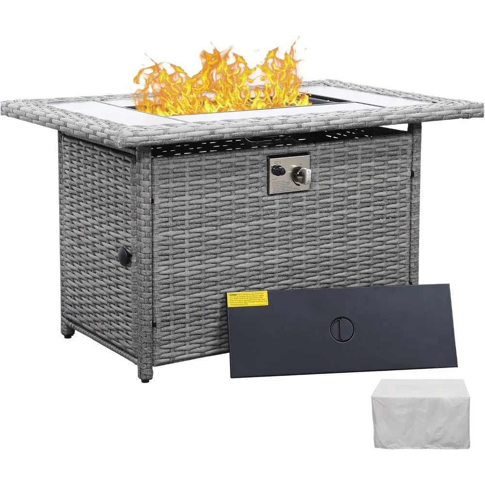 45-Inch 60,000 BTU Wicker Gas Fire Pit Table: Woodgrain Marble Top & Cover for Outdoor Use