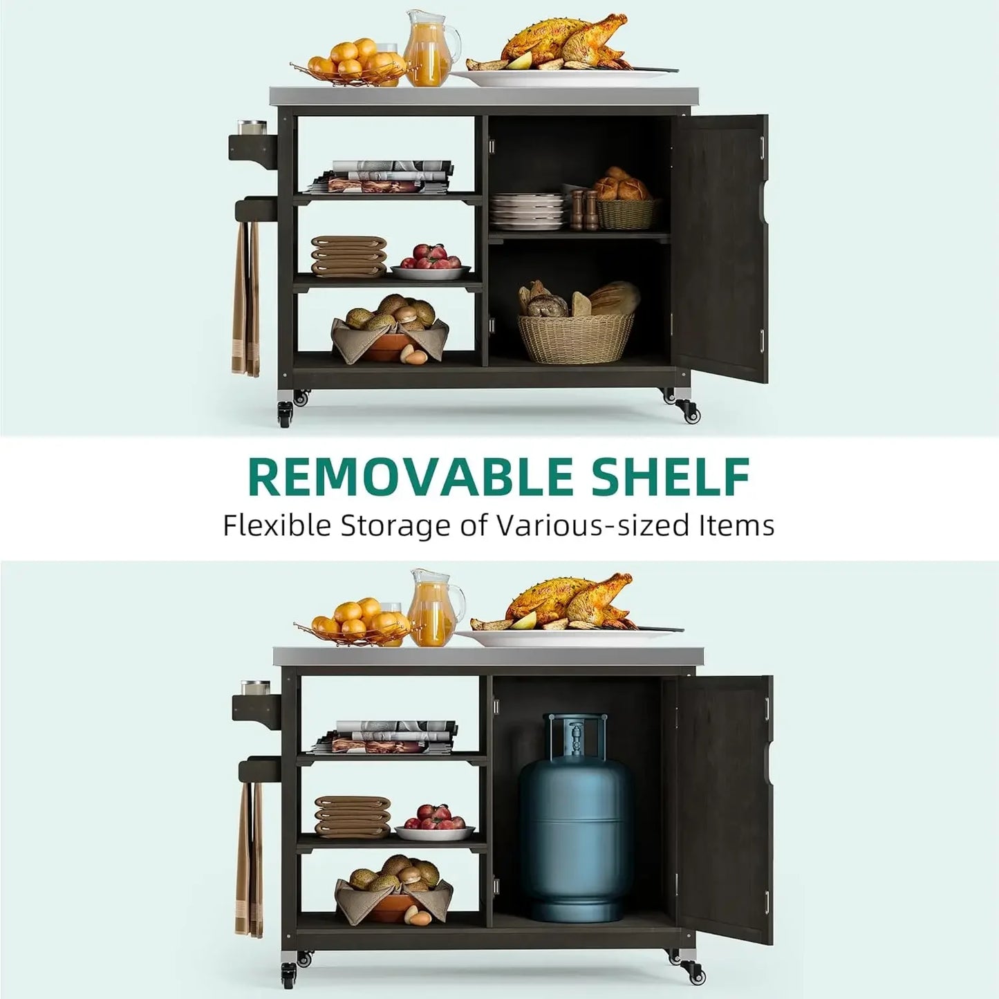 XL Solid Wood Outdoor Grill Cart With Spice Rack And Table