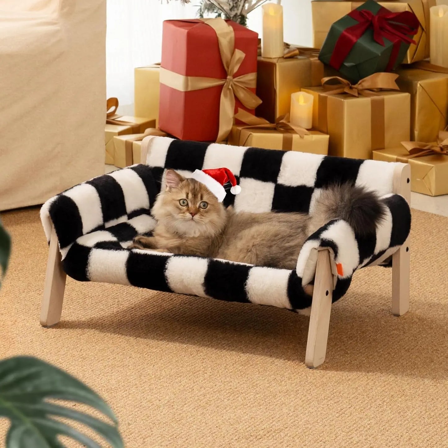 Mewoofun Cat Couch Bed Pet Sofa Wooden Indoor Elevated Cat Beds with Removable Mattress Cover Suitable for Animal Chessboard M