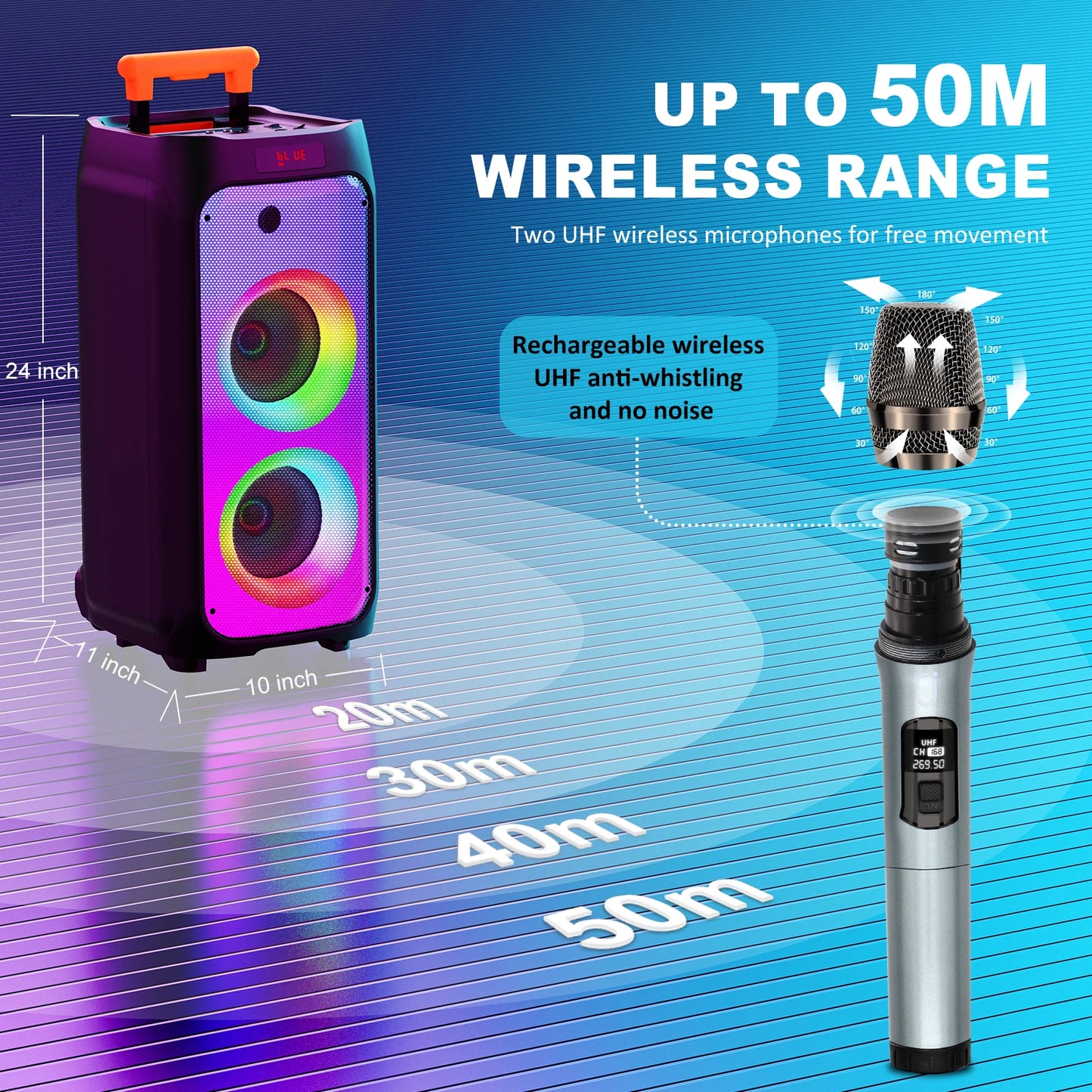 FanFun Large Bluetooth Speaker, Wireless Speaker with Wheels and Trolley Bar, Karaoke Machine with 2 Microphone, Karaoke Speaker